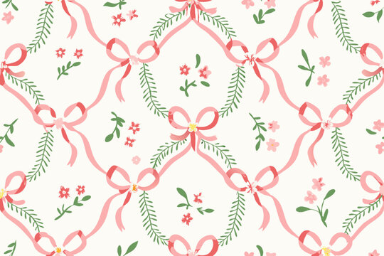 Floral trellis seamless pattern with bows and ribbons. Preppy spring summer hand drawn flowers. Botanical elegant trendy print. Vintage design for fabric, wallpaper or wrapping paper