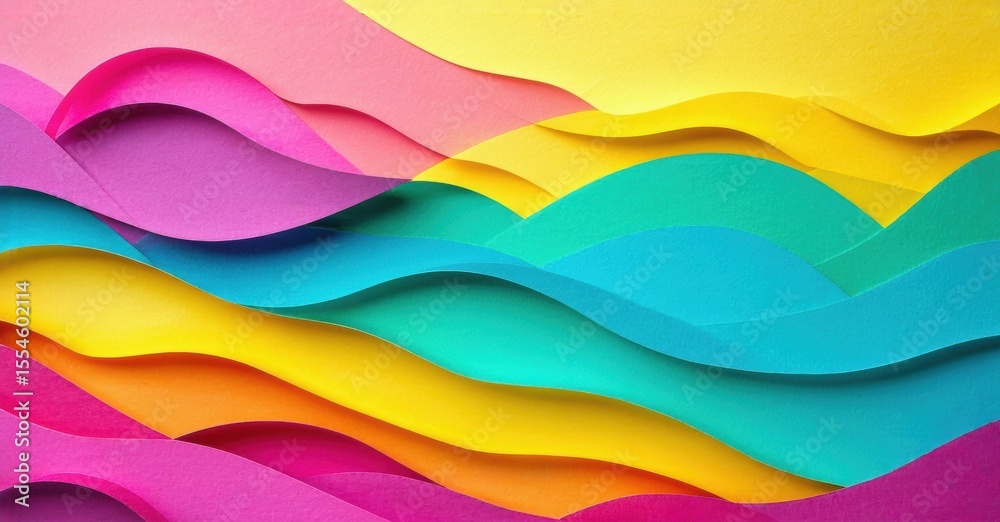 Poster Colorful paper waves create abstract undulating pattern. Bright hues blend, forming dynamic visual texture. Smooth layers suggest movement.