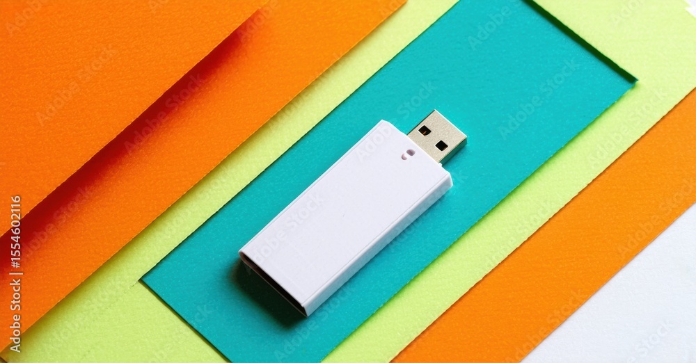 Poster White usb drive rests upon colorful paper strips. Bright hues create dynamic visual contrast. Simple composition, clean aesthetic.