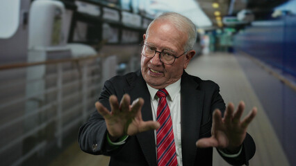 Senior man in business suit gesturing on a boat in an outdoor setting during daytime showcases...