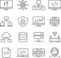 Information Technology icon set. Thin line editable stroke icons for IT, technology, systems, software, networks, cybersecurity, data analytics, AI and cloud computing
