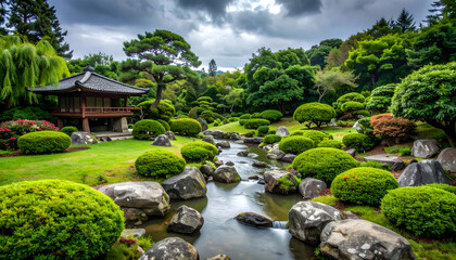 Lush Green Japanese Garden with Stream and House on Overcast Day