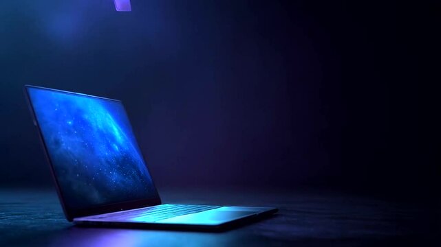 Laptop with digital file folders floating from screen.