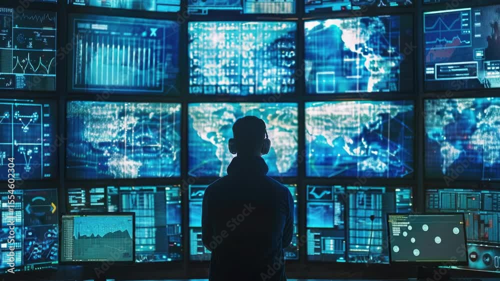 Aufkleber A person standing in front of several computer monitors and screens