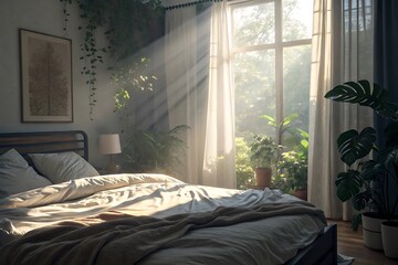 A luxurious and comfortable hotel bedroom interior with a stylish bed, pillows, and a window