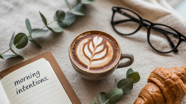 A photograph of a flat lay arrangement showcasing
a cup of cappuccino with delicate latte art depicting a "swirling leaf" design.