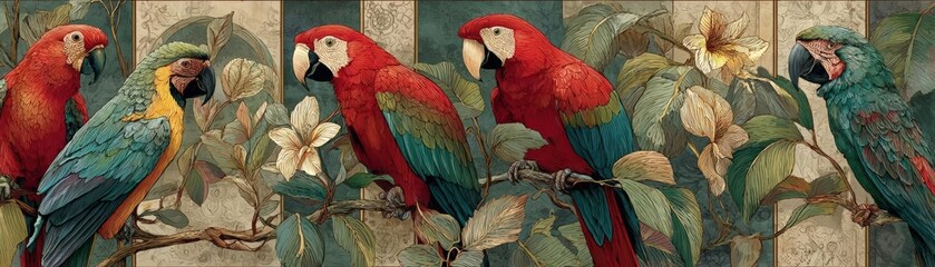 Obraz premium A flock of vibrant, tropical parrots with iridescent feathers, painted in vivid watercolors, perched on lush, exotic trees