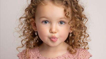 Naklejka premium A little girl, with her tongue out in a playful display, radiates joy and innocence, portrayed in an exaggerated way through AI, emphasizing the fun and light hearted moment.