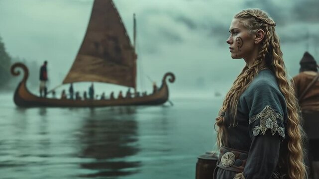 Viking longship sailing through misty fjord waters with braided blonde woman in profile in traditional Nordic costume watching from shoreline. Northern history