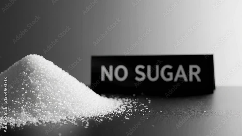 Poster Granulated white sugar cascading beside prohibition sign. Creating stark conceptual visual exploring dietary choices. Sugar addiction. And health implications in minimalist monochromatic composition