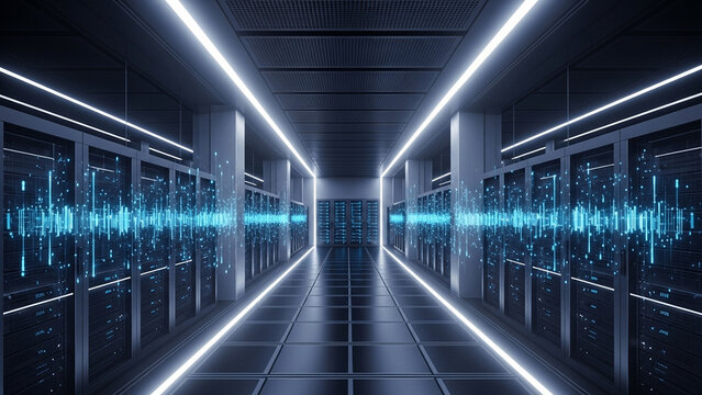 A futuristic data center aisle is illuminated by blue digital sound waves and bright overhead lights, emphasizing high-speed data processing and connectivity.