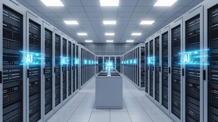 A brightly lit server room with rows of data racks and glowing "AI" holograms, symbolizing a modern, powerful data center driven by artificial intelligence.