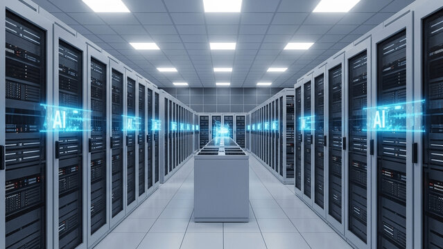 A brightly lit server room with rows of data racks and glowing "AI" holograms, symbolizing a modern, powerful data center driven by artificial intelligence. - Powered by Adobe