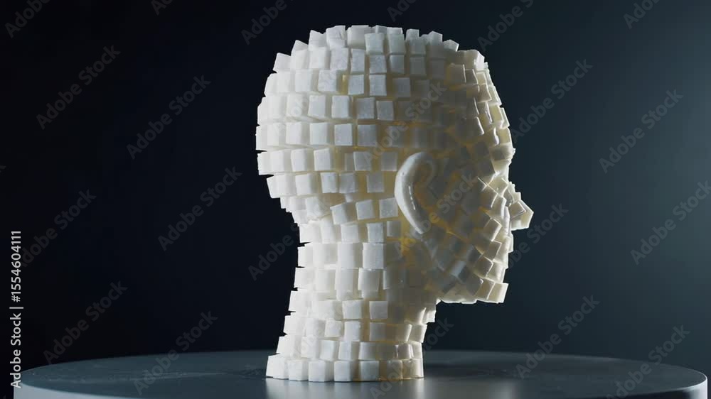 Poster sugar cubes compose a human head rotating slowly on a gray pedestal, symbolizing sugar consumption e