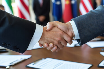 Businessmen shaking hands after signing international agreement with national flags and documents on table in background. Copy space