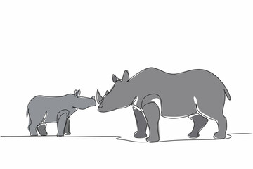 Single continuous line drawing the mother rhino and baby rhino stand facing each other and put heads together. Animal language. Communication. Save the Rhino Day. One line design vector illustration