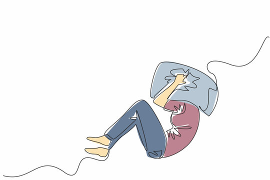 Continuous one line drawing woman lying curled up on the bed with head covered by pillow. Stress. Want to scream out loud. National Anxiety Screening Day. Single line draw design vector illustration