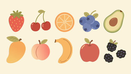 Collection of fruit with vintage-style, including strawberry, cherry, orange, avocado, mango, peach, banana, apple, blueberry, and blackberry. Perfect for food and healthy theme designs.