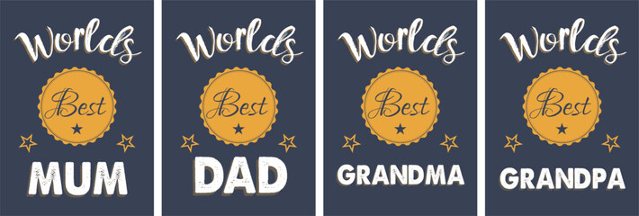 World's Best Family: A set of elegant badge designs recognizing family members, perfectly suitable for greeting cards, posters, or gift tags, celebrating family connection.