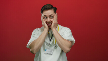 Young man doctor with beard and stethoscope expressing surprise against a vibrant red wall background in an isolated studio setting.