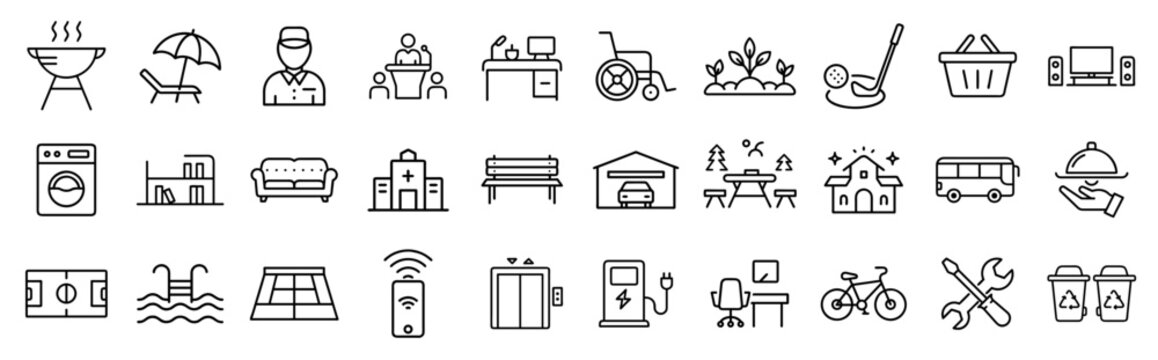 Amenities building hotel real estate service facility vector line icons set