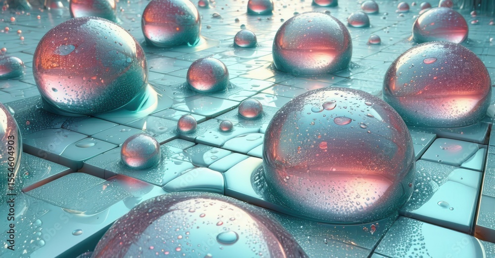 Poster abstract spheres rest upon tiled surface. water droplets cover both, creating glossy reflections. te