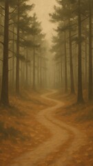 Naklejka premium Misty forest path autumn tranquility