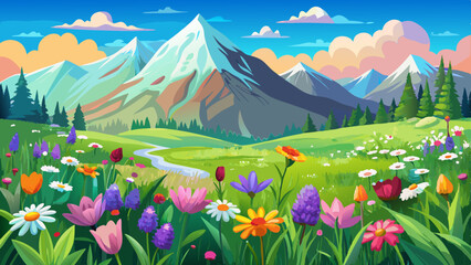 Fototapeta premium A dreamy highland meadow gently sways under a soft morning breeze. Colorful wildflowers—daisies, lavender, and poppies—scatter across the fresh green grass. In the distance, majestic snow-covered moun