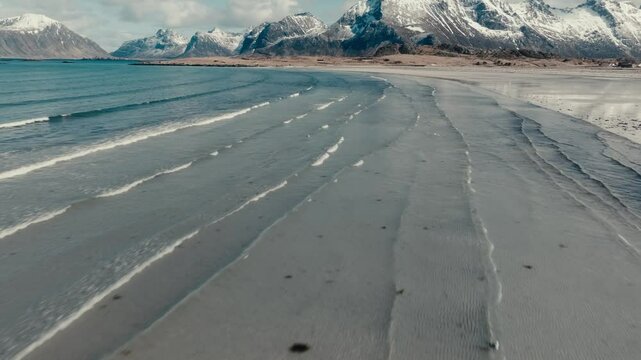 Scenic Yttersand Beach In Lofoten, Norway - Drone Shot