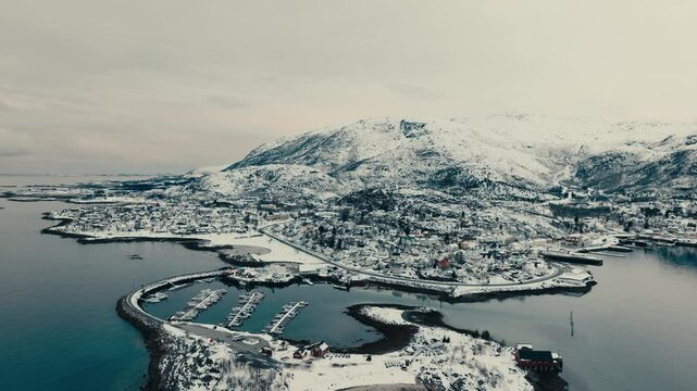 Snowy Mountains And Lodingen Municipality In Hinnoya Island, Nordland, Norway. - aerial shot