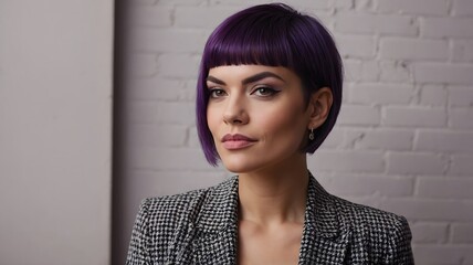 Stylish Woman with Purple Hair in Checkered Blazer