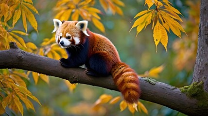 Red Panda Sitting in Autumn Leaves on a Tree Branch
