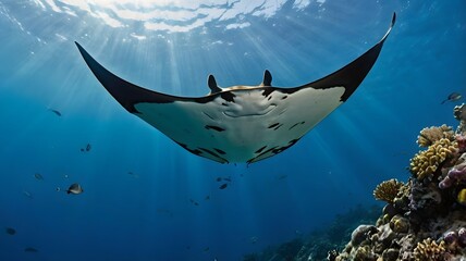 Manta Ray Swimming Underwater with Sun Rays