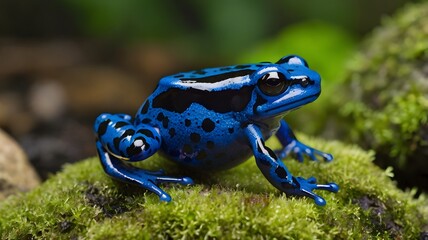 Blue Poison Dart Frog on Moss Natural Habitat