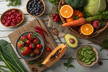 A basket of fresh, healthy vegetables and fruits on a wooden table