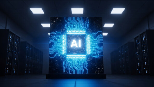 A glowing blue AI chip, with circuit patterns emanating outwards, stands prominently in a data center aisle lined with server racks, symbolizing advanced computing.