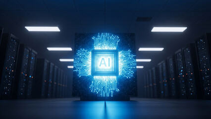 A glowing blue AI chip, with circuit patterns emanating outwards, stands prominently in a data center aisle lined with server racks, symbolizing advanced computing.