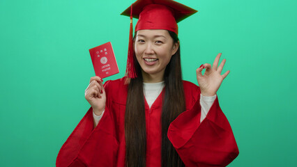 Japanese woman in red graduation gown proudly displays japan passport against green background,...
