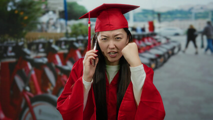 Woman in red graduation gown gesturing angrily while talking on phone in urban street with bikes in...