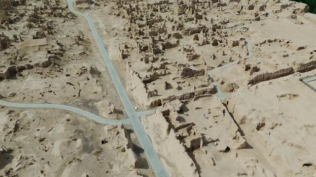 Aerial view of Xinjiang Jiaohe Ruins Ancient City in China Tupan drone