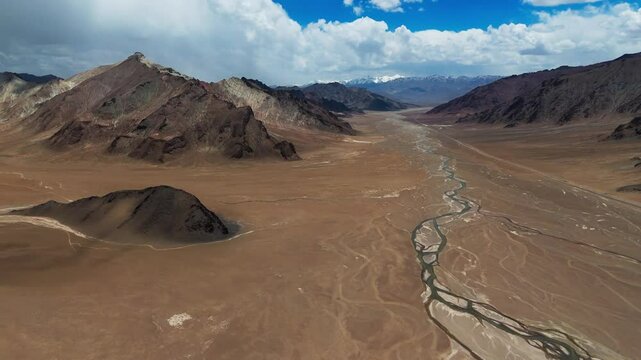 Drone fly above Pamir Highway mountains range in Central Asia , Tajikistan off road adventure travel destination