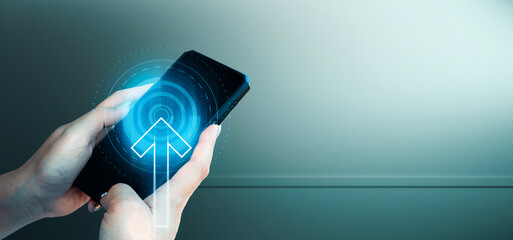 hand of businessman interactive touching a holographic of transaction financial network data...