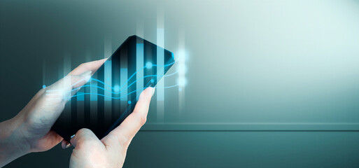 hand of businessman interactive touching a holographic of transaction financial network data...