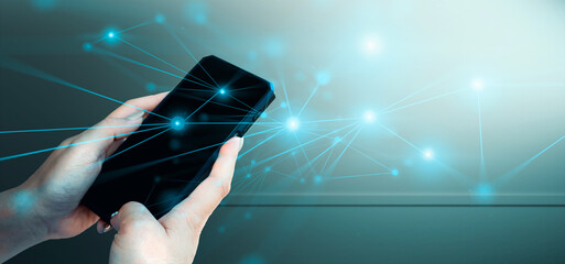 hand of businessman interactive touching a holographic of transaction financial network data...
