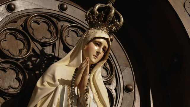 close up of crowned virgin mary statue with rosary in warm indoor lighting