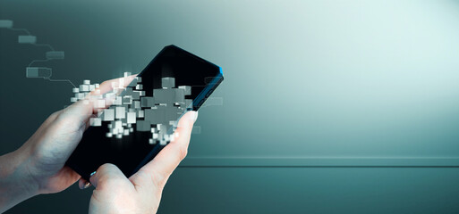 hand of businessman interactive touching a holographic of transaction financial network data...
