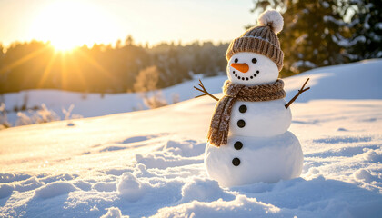 Obraz premium Smiling Snowman with Brown Hat Standing in Sunny Winter Field