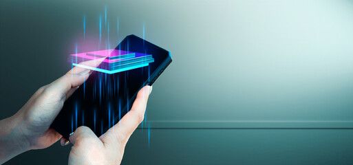 hand of businessman interactive touching a holographic of transaction financial network data...