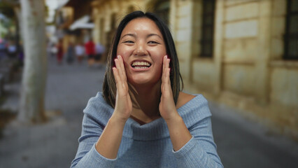Young woman smiling and gesturing on an urban city street, showcasing vibrant outdoor enthusiasm...