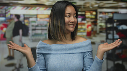 Woman smiling in an airport terminal with blurred background, expressing happiness in a busy indoor...